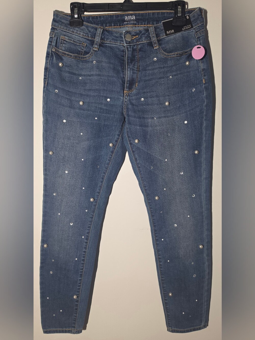 a.n.a Blue Skinny Jeans with Pearl & Rhinestone Scatter